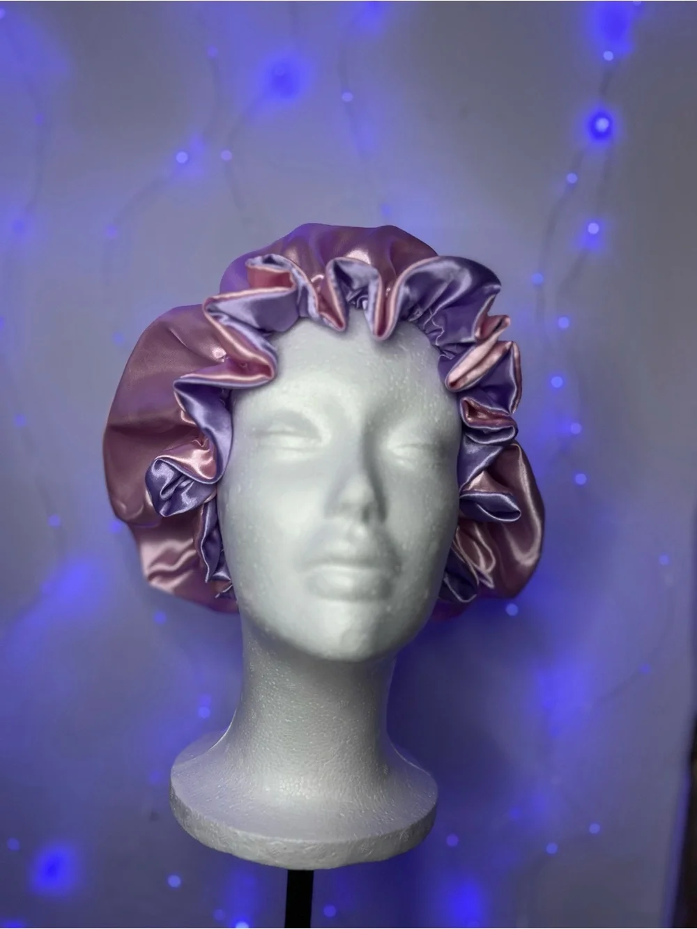 Lavender & Pink Ruffle Edge Satin Bonnet – Double-Sided Sleep Cap for Women